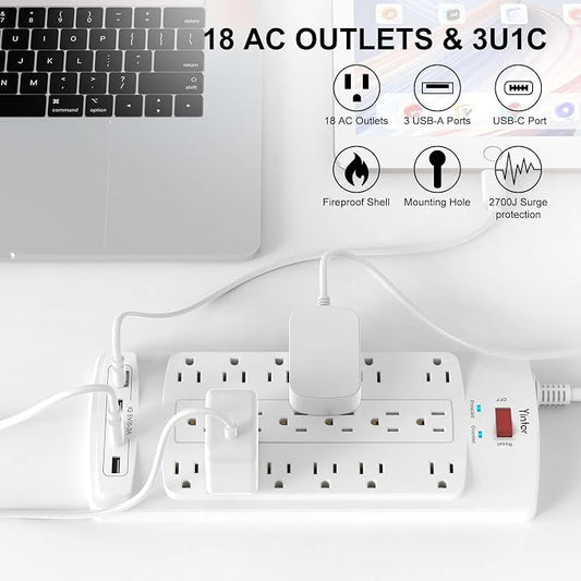 Yintar 10Ft Surge Protector Power Strip with 18 Outlets and 4 USB Ports | 10 Feet Flat Plug Heavy Duty Extension Cord with Multiple Outlets for Home, Office, Dorm Essentials, 2100 Joules, ETL, White