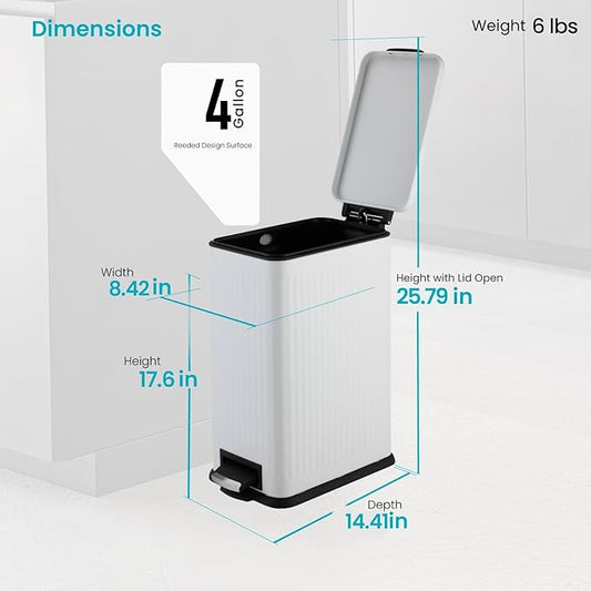 Home Zone Living 4 Gallon Kitchen Trash Can with Soft-Closing Lid and Step Pedal, Stainless Steel with Slim Ribbed Design for Home and Office, White, 17 Liters