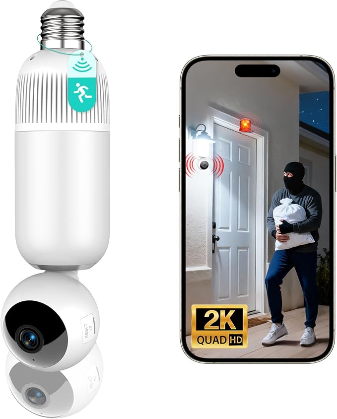 2K Light Bulb Security Cameras Outdoor Indoor - 355° Manual Pan