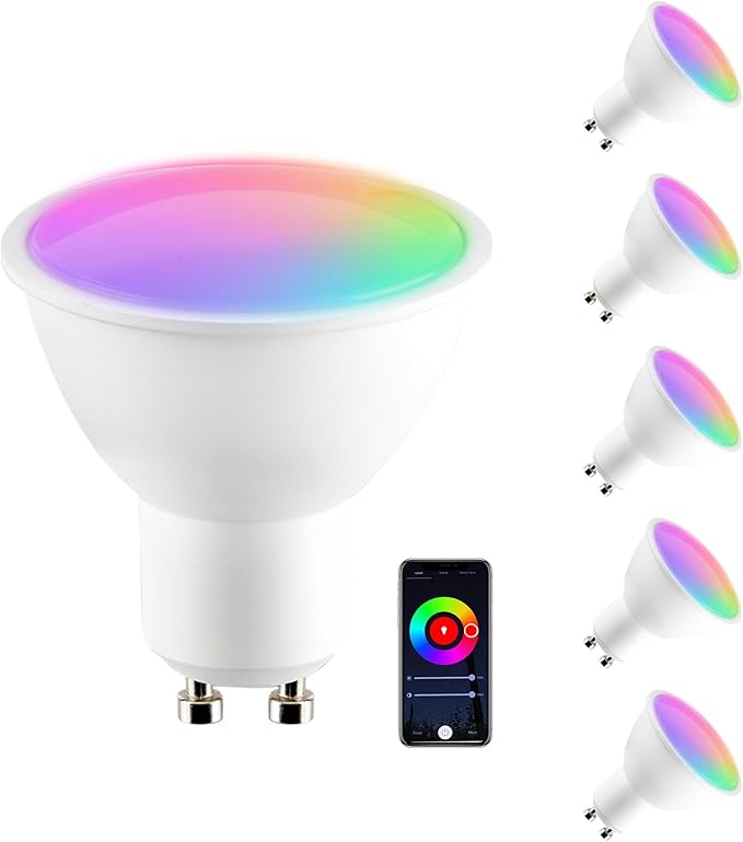 RGB Smart GU10 Spotlight Bulb, WiFi & Bluetooth Dimmable Color Changing LED Bulb, 16M Colors & Music Sync, Compatible with Alexa/Google, for Home Decor, Bedroom, Living Room & Party Lighting(5Pack)