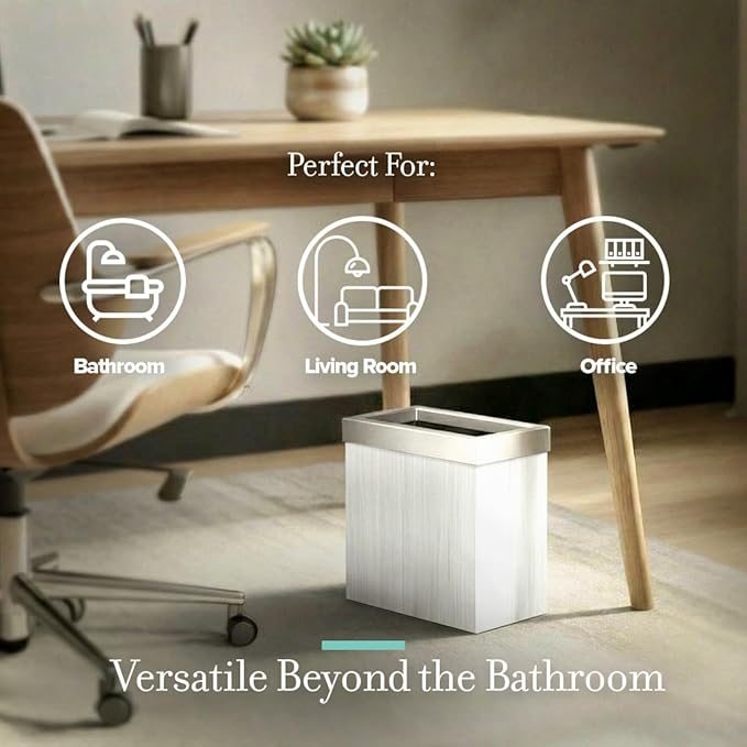 Gatco Small Bathroom Trash Can with Lid, Rectangle 3 Gallon Wastebasket, Under Sink, White Oak with Satin Nickel, for Bathroom, Bedroom, Office (1943SN)