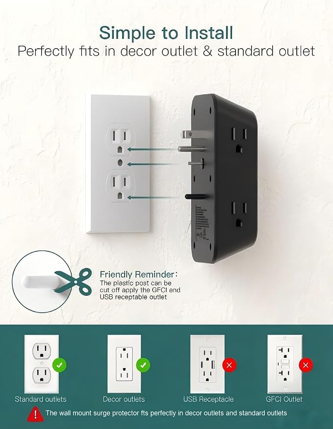 Addtam 6-Outlet Extender Surge Protector, Multi Plug Wall Outlet with 4 USB Wall Charger(PD 30W), Plug Extension Outlet with 1800J, Outlet Splitter Power Strip for Home Office, Black