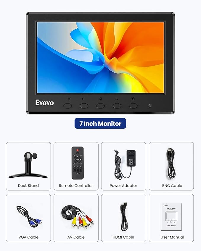 Eyoyo Mini Monitor 7 Inch Small HDMI Monitor 1024x600 IPS Screen Display HDMI AV VGA BNC USB Input for NVR CCTV Security Camera Computer PC Laptop Video Switcher Raspbery Pi