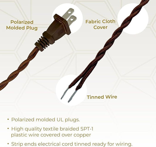 Royal Designs, Inc. 8Ft Twisted Rayon Lamp Cord with NEMA-15P Plug, Rotary Dimmer Switch, Stripped Ends Ready for Wiring, SPT-1 UL Listed, Brown - Pack of 1