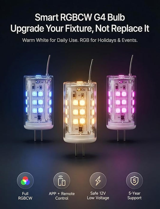 Gardenreet RGBCW G4 LED Bulb, 12V Low Voltage Bi-Pin Halogen Replacement for Outdoor Deck Step Lights & Indoor RV Cabinet Lights, Color Changing/Warm White, Bluetooth Mesh 65ft, 270LM, 6 Pack