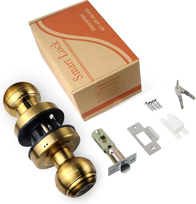 UMIKSMART Fingerprint Door Knob Lock, Smart Keyless Entry Door Knob with Tuya App Control & Auto-Lock, Backup Key, Easy Install for Home, Apartment, Office, Bronze