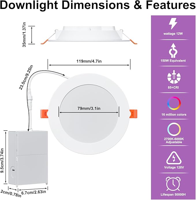 SikSog Smart Recessed Lighting 4 Inch RGBCW Color Changing 12W LED Downlight with Junction Box,1080 Lumen Recessed Ceiling Light Compatible with Alexa,Dimmable by Bluetooth Control -6Pack