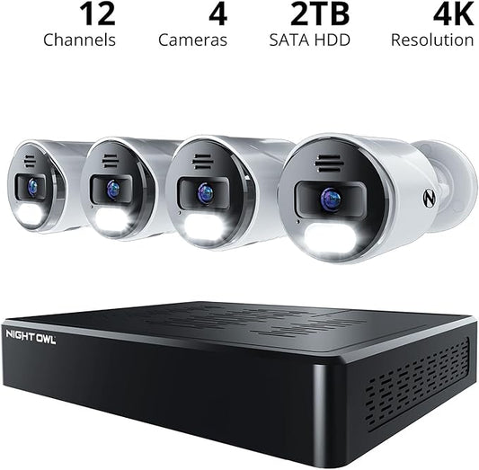 Night Owl Power Over Ethernet 12 Channel NVR Video Home Security Camera System with (4) Wired IP 4K HD Indoor/Outdoor Deterrence Cameras and 2TB Hard Drive (Add up to 4 Wi-Fi Cameras)