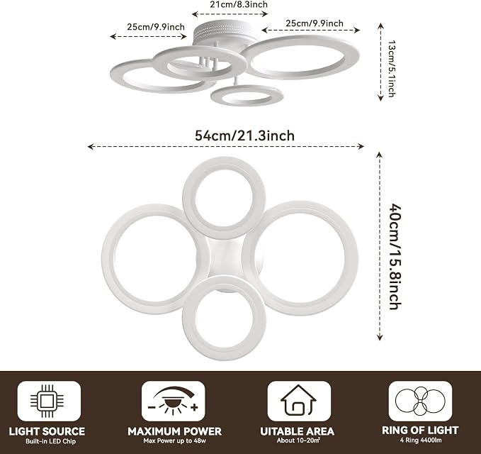48W 4 Ring White LED Ceiling Light Dimmable for Bedroom Living Kitchen | 2800K-7000K Dimmable, Acrylic Ring Design, Modern Flush Mount Ceiling Lamp ideal for Living Spaces & Small Rooms