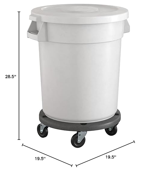 20 Gallon White Round Commercial Trash Can with Lid and Dolly, Heavy-Duty Food Grade NSF Certified, Perfect for Restaurant, Office, School, Garage, Backyard, Workshop, Warehouse