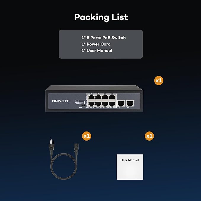ONWOTE 8 Ports 120W(AC100-240V) Ethernet PoE Switch, 2 x Uplink Gigabit RJ45 Ports, Support 4K 8MP 5MP PoE IP Security Cameras, Add-on PoE Injector to PoE NVR System