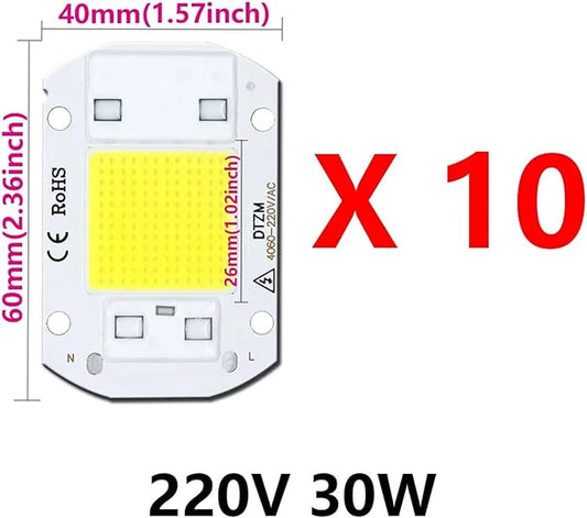 10Pcs 220V LED chip 20W 30W 50W COB chip Smart IC No Driver Required LED lamp Beads for floodlight Spotlight DIY Lighting(Warm White 220V,30W)
