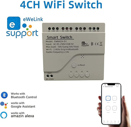 4 Channel Smart WiFi Relay Switching Module USB 5V/AC85V-250V, Supports Bluetooth Control, eWeLink App Remote Control, for Alexa Google Home