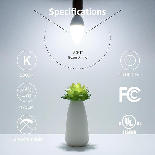Lepro E12 LED Candelabra Light Bulbs, 5000 Kelvin Daylight White 5.5 watt, 40 watt Equivalent B11 C37 Ceiling Fan Bulb Chandelier Bulbs, Type B Small Base Candle Lights, Plastic, Not-dimmable, 3-Pack