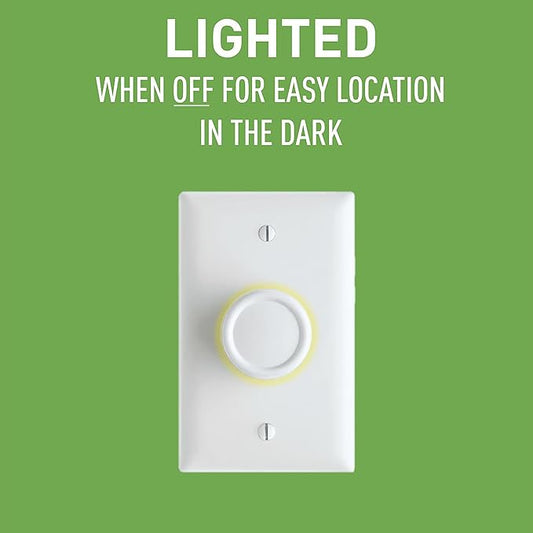 Legrand Pass & Seymour 600W Preset Rotary RFI Lighted Dimmer Light Switch, For Home Lighting & Ambient Mood Control, Incandescent & Halogen Bulbs, Single Pole, R600PLTKV, White, 1 Count
