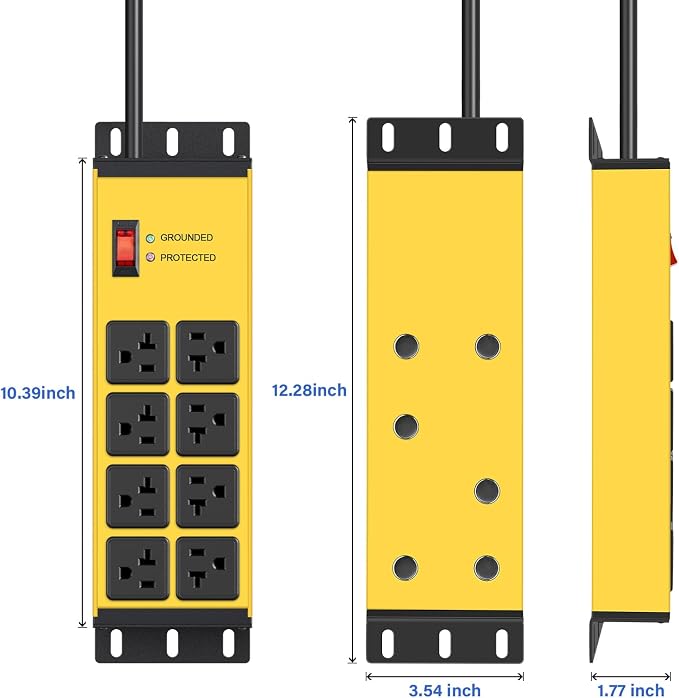 CCCEI 2PCS 12 Gauge Heavy Duty Power Strip, 8 Ports. Yellow, 4FT.