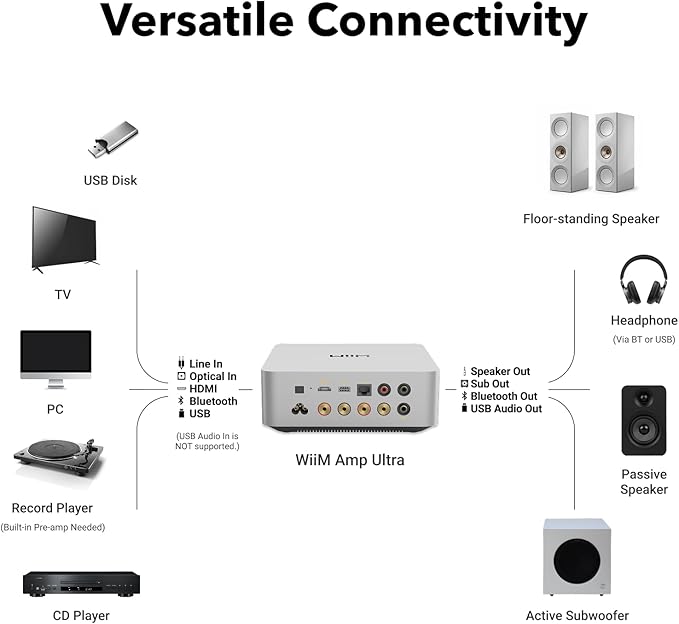 WiiM Amp Ultra with Voice Remote 2 | 100W Streaming Amplifier with Premium ESS ES9039Q2M DAC & Dual TI TPA3255 Amps | Built-in RoomFit EQ & Touchscreen | HDMI ARC, Optical, RCA Inputs | Silver