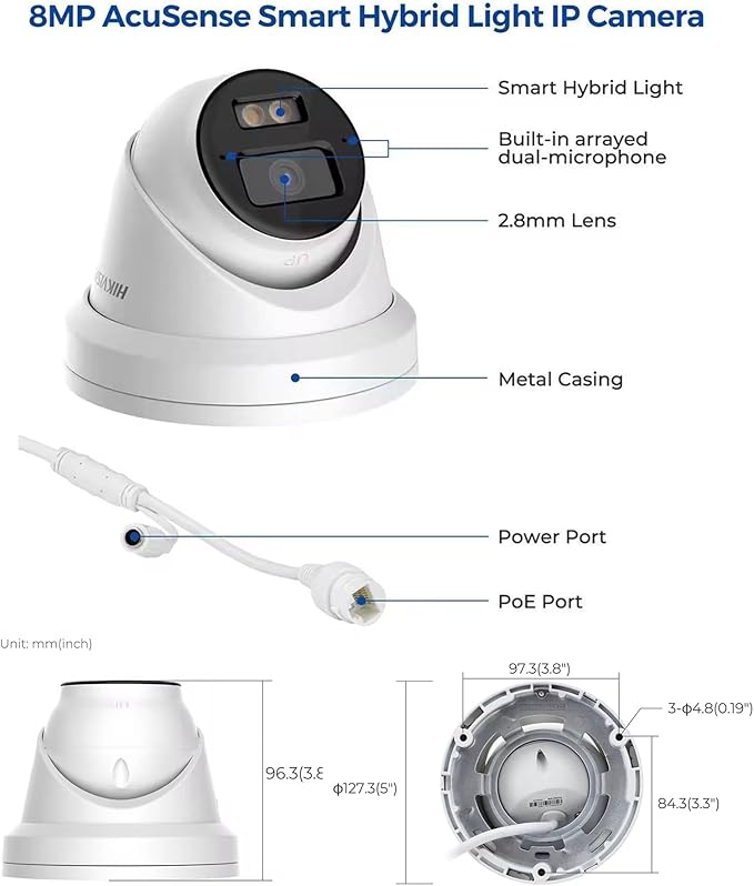 DS-2CD2383G2-LI2U/SL Hik AcuSense 4K 8MP Turret Camera,PoE IP Cameras, Smart Hybrid Light, Human/Vehicle Detection, 120dB WDR, IP67, H.265+,2.8mm, Upgrade DS-2CD2383G2-IU
