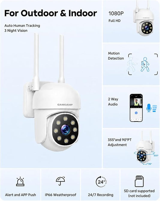 CAMCAMP Wireless Security Camera Outdoor, APP Remote Access, AUTO Tracking | Pan&Tilt Full View for Home, Color Night Vision, Alerts, 2-Way Audio, 2.4G&5G WiFi Support Could/SD card Storage Not included