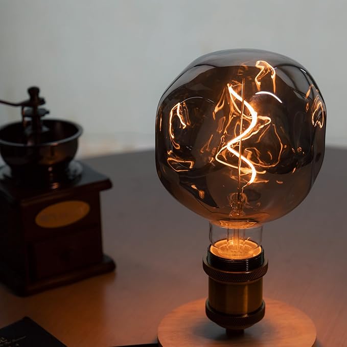 G40 LED Edison Bulb, Smoke Gray Hand-Blown Hard Glass, 4W (25W Incandescent Equivalent), 110-130V, E26, 2000K Warm Yellow Light, 200LM, Dimmable, for Indoor Decorative Lighting