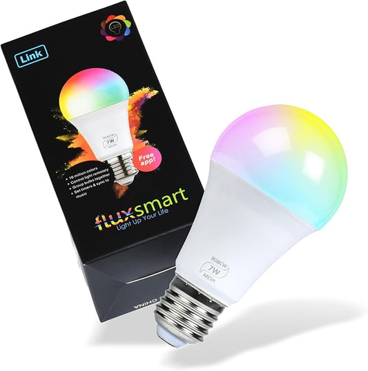 Flux FluxSmart - Bluetooth Light Bulb, Smart LED Bulb, Dimmable Smart Bulb, Smartphone-Controlled Hue Bulb with 16 Million Color Options, Compatible with iOS and Android Devices, 7W, A19, E26 Base