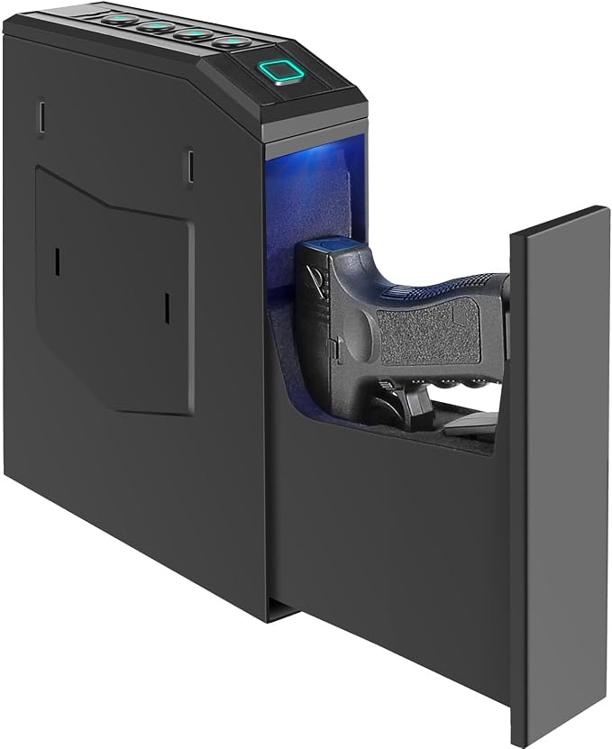 Hidden Gun Safe for Pistols, Biometric Fingerprint Smart Slider Handgun Safe for Nightstand, Desk, Bedside, Wall,Truck -Auto Sliding Door- Fingerprint, PIN Code, KEY Access (Black-Biometric)