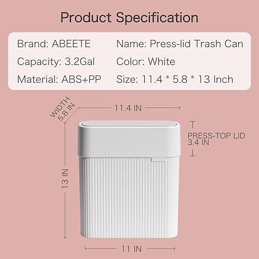 Bathroom Trash Can with Press Top Lid, 3.2 Gallon Slim Garbage Can for Kitchen Cabinet, 12L Dogproof Wastebasket Trash Bin for Office, Bedroom, Living Room, Home Countertop - White