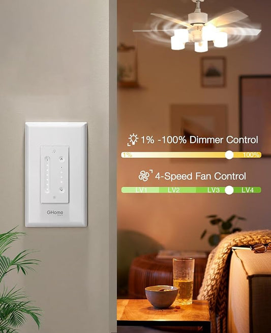 GHome Smart Dimmer Switch with 4-Speed Ceiling Fan Control, Ceiling Fan and Light Switch Combo with Dimmer Compatible with Alexa and Google Assistant, 2.4Ghz Only, Single-Pole, UL Certified
