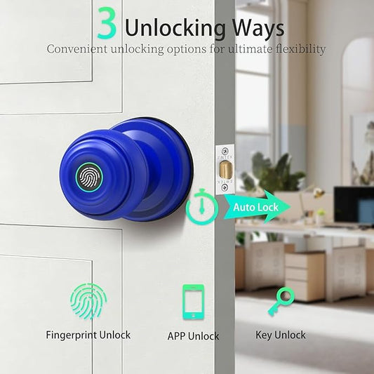 UMIKSMART Fingerprint Door Knob Lock, Smart Keyless Entry Door Knob with Tuya App Control & Auto-Lock, Backup Key, Easy Install for Home, Apartment, Office, Blue