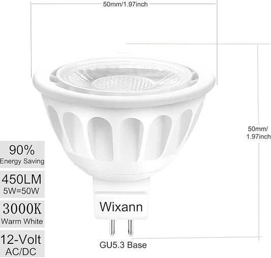 MR16 LED Bulb, 50W Halogen Equivalent, 5W 12V 3000K Soft Warm White, 450Lm GU5.3 Bi-Pin Base, 12V Spotlight Bulb, 40 Degree Spot Lighting For Indoor/Outdoor Landscape Track Bulbs-Not Dimmable (6 Pack)