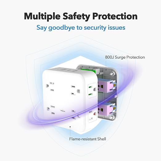 BN-LINK Multi Plug Outlet Extender with 8 Outlets 3 USB Ports (1 USB C), Surge Protector 800 Joules, 4-Sided Multiple Plug Expander Outlet Splitter for Home, Office, 15A/1875W, White