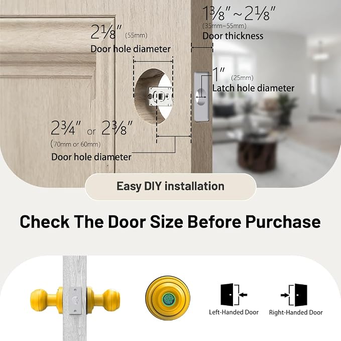 Smart Fingerprint Door Lock Knob, Tuya App Keyless Entry, Yellow | Biometric Handle, Auto Lock, Remote Access, Backup Key, Easy Installation