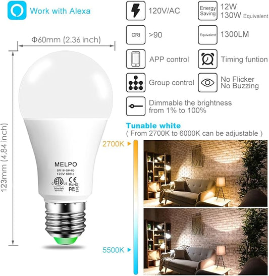 MELPO Alexa Light Bulb 130W Equivalent, Smart Light Bulbs Warm White to Daylight Tunable, A19 E26 Bluetooth LED Bulbs Controlled by BRmesh APP and Alexa only, Timing, Flicker-Free(8 Pack (8)