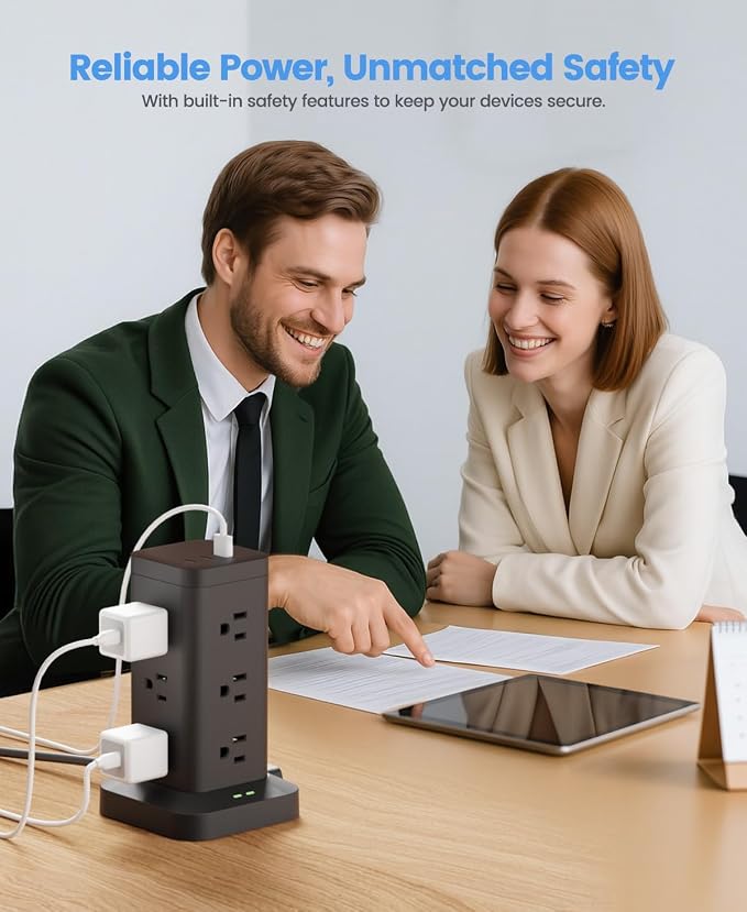 Power Strip Tower with Surge Protector 1800J, Fast Charging Tower PD20W USB-C Ports with 12 AC Outlets, Extension Cord for Home Office Dorm Room, 9.8ft, Black