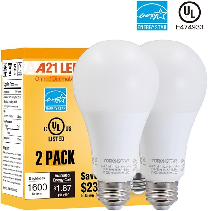 TORCHSTAR 100W Equivalent 15.5W Dimmable LED A21 Bulb, 1600Lm, 2700K Soft White, E26 Medium Base, Omnidirectional, Pack of 4