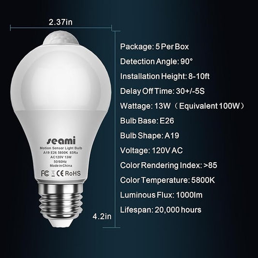 Motion Sensor Light Bulb, Dusk to Dawn Security Night Light A19 E26 13W Equivalent 100W 5800K Daylight, Indoor Motion Activation Detector Light Bulb, 5 Packs