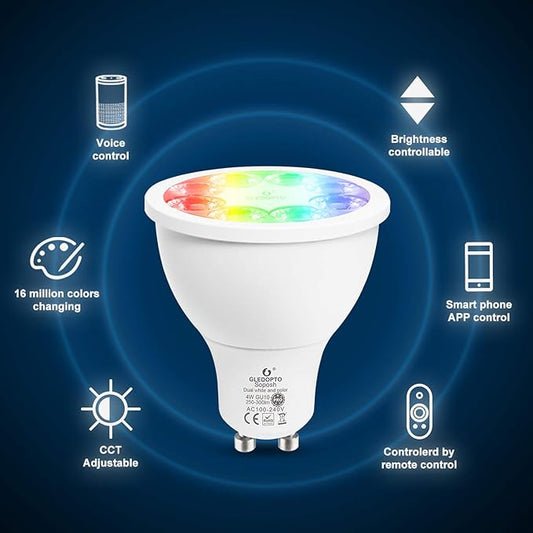 GLEDOPTO ZigBee 3.0 Smart 4W GU10 AC100-240V RGBCCT Spotlight Pro 25 Degree Beam Angle Color Change Bulb Dimmable Compatible with Amazon Echo Plus SmartThings App/Voice/RF Remote Control