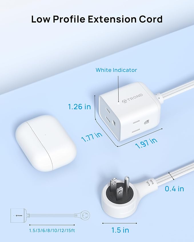 TROND Rotating Flat Plug Short Extension Cord 1.5ft, 3AC, ETL Listed, White