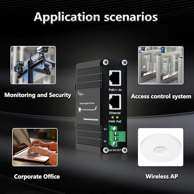 Industrial Gigabit 95W PoE++ Splitter IEEE802.3at/af/bt 24V DC Output PoE Splitter 12V 802.3bt Compliant Gigabit 10/100/1000Mbps Port Power Supply for Security Cameras, Access Control Systems