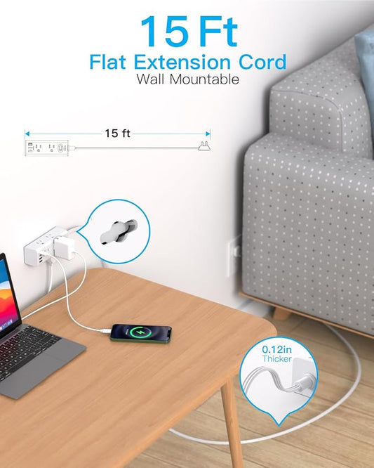 15Ft Extension Cord with Multiple Outlets, Flat Plug Power Strip Surge Protector with 15 Ft Long Cord, 6 Outlet 3 USB Ports (2 USB C), Multi Outlet Wall Plug for Travel, College, Dorm Room Essentials