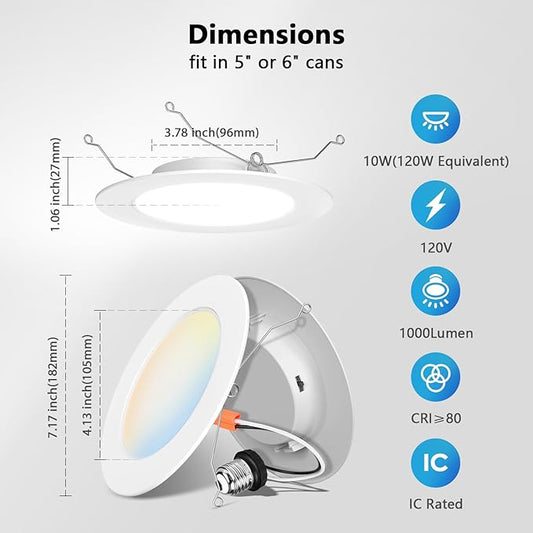 LVWIT 6 Inch LED Recessed Lighting 48 Pack, Slim Can Lights with White Cover, 5CCT Color Selectable, Dimmable Downlight with E26 Conversion Kit