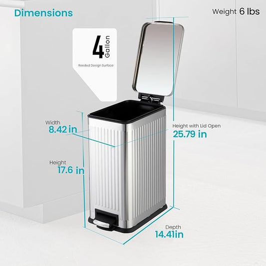Home Zone Living 4 Gallon Kitchen Trash Can with Soft-Closing Lid and Step Pedal, Stainless Steel with Slim Ribbed Design for Home and Office, Silver, 17 Liters
