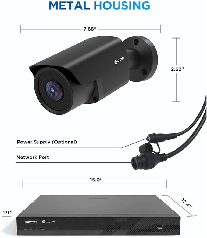4COVR 16 Channel Security Camera System, Human/Vehicle Detection, Night Vision, 16CH 4K NVR 4TB HDD, 12Pcs 8MP Wired Commercial Bullet PoE IP Camera IP67, Business Surveillance Outdoor, LY37EB8M1612