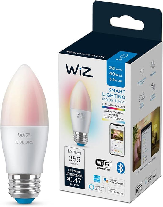 WiZ 60W B12 Color LED Smart Candle-Shaped Bulb - Pack of 1 - E26, Indoor & WiZ Remote - Pack of 1 - Works with All Products - Turn Lights On or Off, Brighten