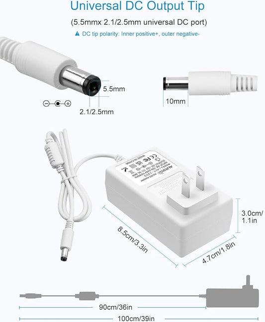 ALITOVE 12 Volt 3A Power Supply DC 12V 36W Universal AC/DC Adapter White 100-240V 50-60Hz Transformer Converter with10 Tips