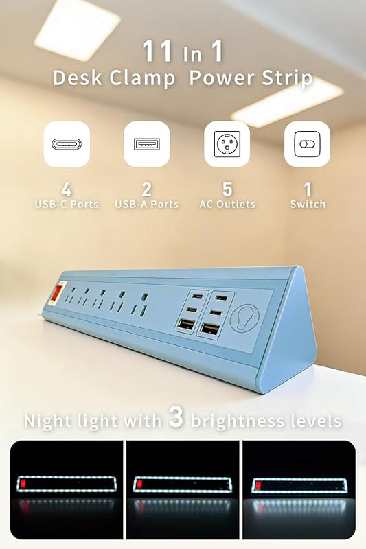 Desk Clamp Power Strip with Nightlight, 40W Fast Charging, 10FT Extension Cord, 4x20W USB-C & 2 USB Ports, 5 AC Outlets, Fits 1.69-Inch Table Edges