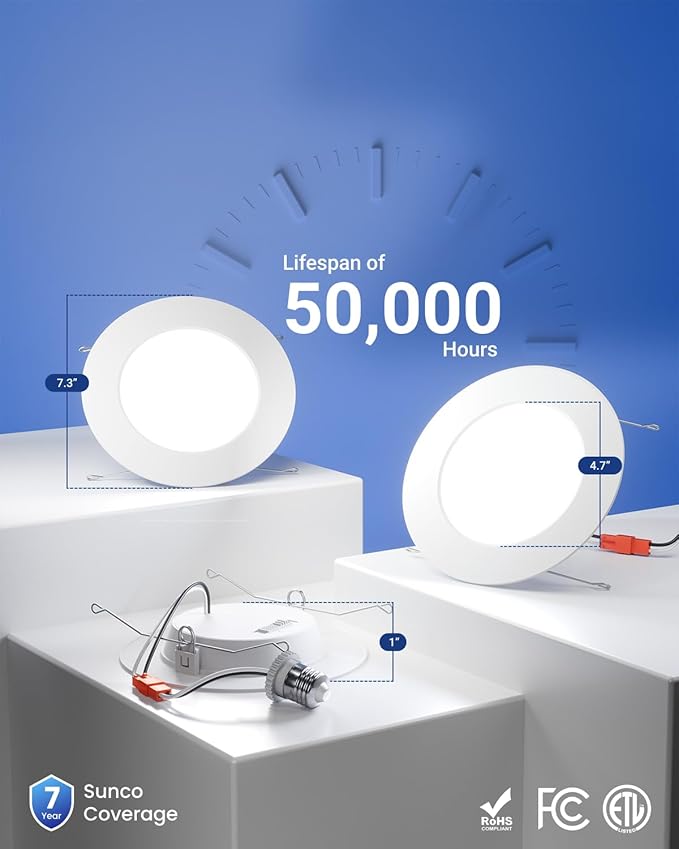Sunco 20 Pack Retrofit LED Recessed Lighting 6 Inch, Can Lights for Ceiling, 1200 LM, 15W, Selectable CCT 2700K/3000K/4000K/5000K/6000K, Dimmable, Ultra Thin Flat Light Fixture UL