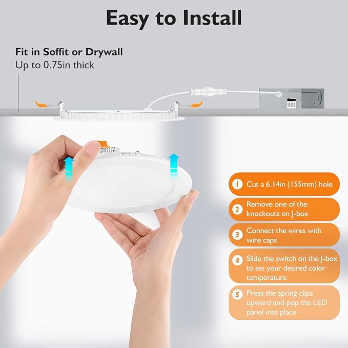 BesLowe 12 Packs 6 Inch 5CCT LED Recessed Ceiling Lights Ultra-Thin with Junction Box, 12W 150W Eqv, 3000K/3500K/4000K/5000K/6500K, 1200LM Dimmable Canless Downlights for Kitchen Hallway Dining Room