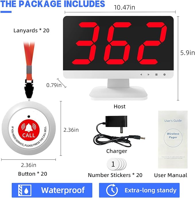 Wireless Call Light System for Medical Office, Nurse Call System with 20 Buttons,1000ft, Caregiver Call Button with 1 Display Receiver for Clinic Nursing Home Health Care, Assisted Living
