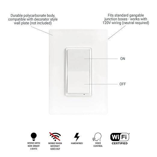HALO Pure Smart Wi-Fi On/Off Switch 120V Hardwired Wall Switch for Traditional Non Smart Lighting Single Pole 3-Way Compatible Alexa Google Assistant Smart Home - SWW-SWT-WH